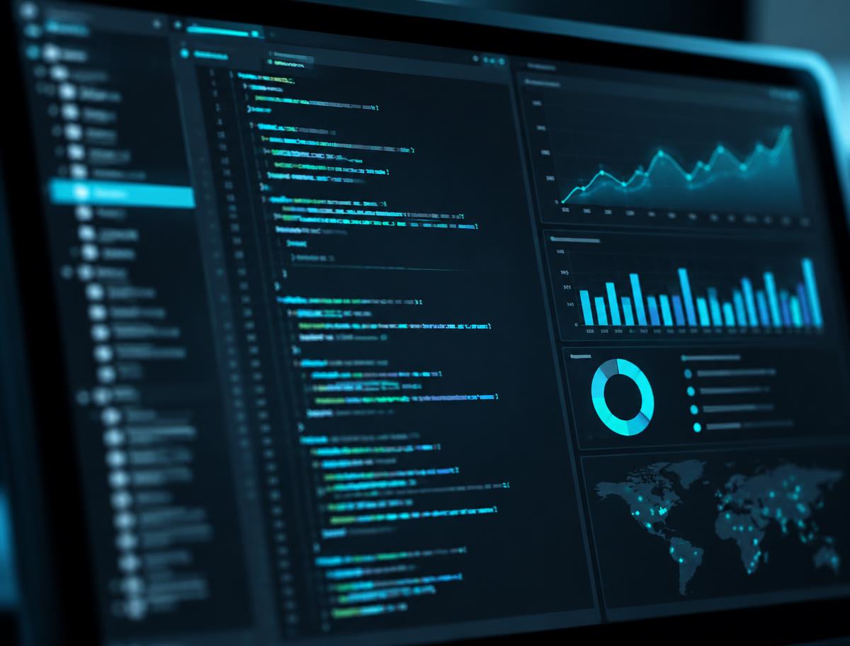 Source code and dashboard charts on a dark screen